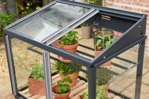 Close up of Herb House roof panels sliding glass