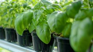 Thriving basil plant growing in a greenhouse