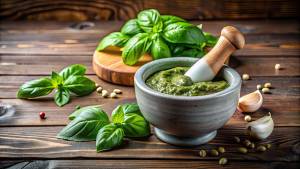 Fresh pesto in a mortar and pestle 